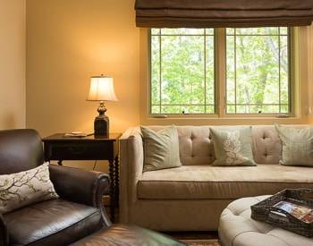 leather chair next to a light tan color fabric couch, window behind couch with a view of the mountains